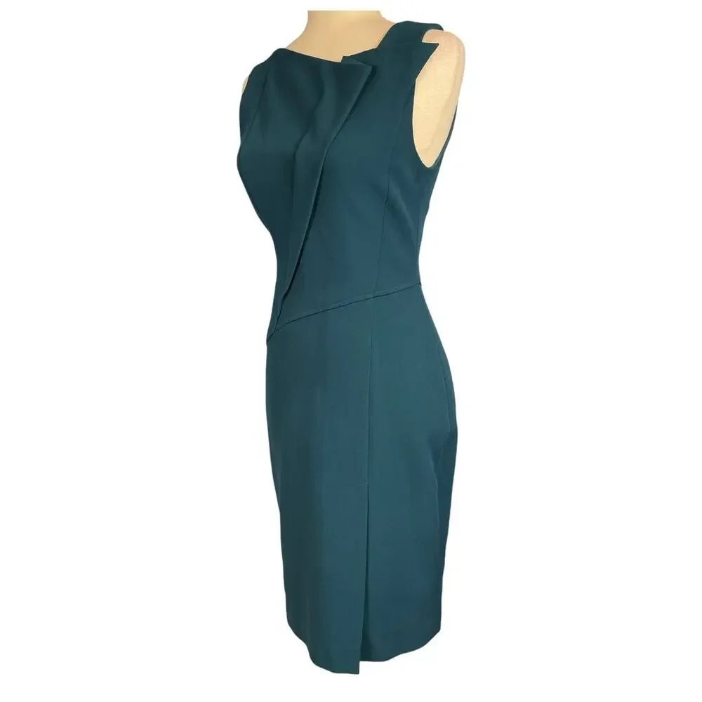 Halston Heritage Sleeveless Folded Neckline Teal Blue Lined Sheath Dress Size 2